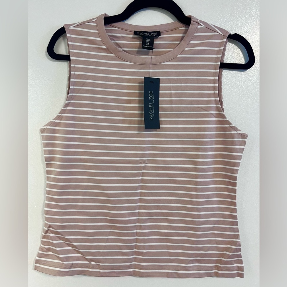 NWT Rachel Zoe Taupe & White Striped Sleeveless Knit Top Size M